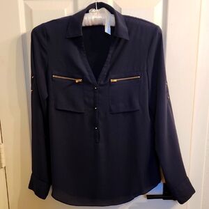 Express Navy Blue and Gold Button Down Shirt with Notched Collar